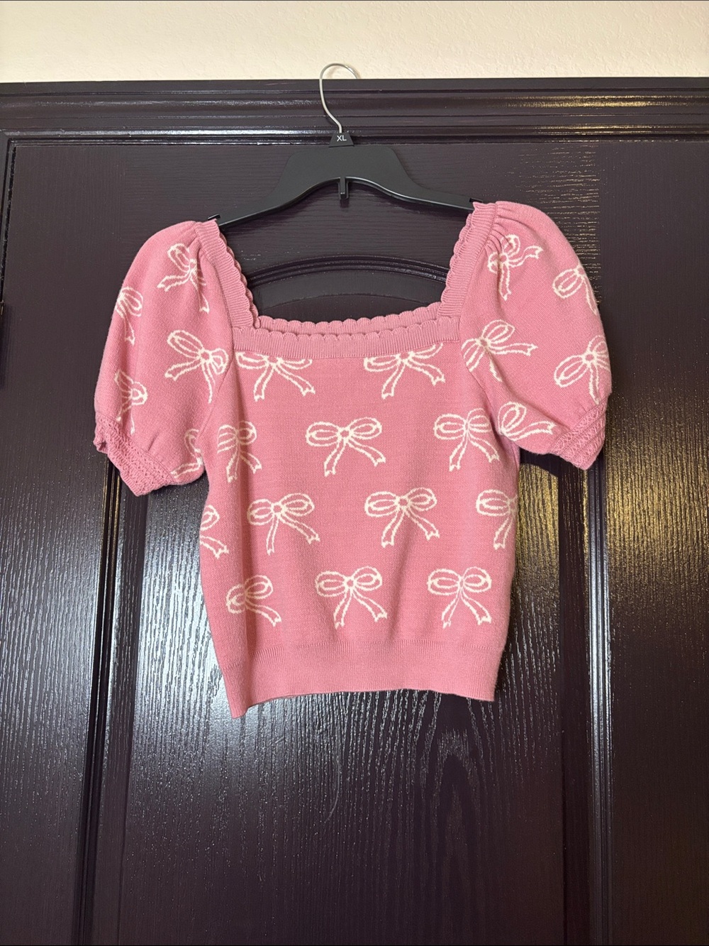 Pink Bow-Pattern Short Sleeve Knit Top